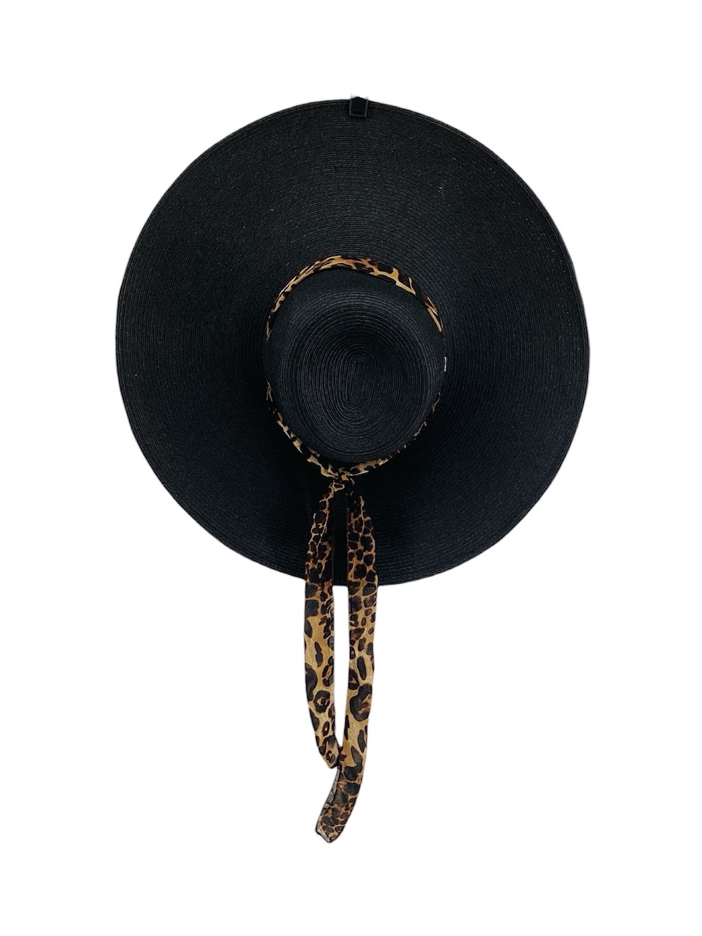 🐷 HBY Black Wide-Brim Straw Sun Hat with Leopard Scarf